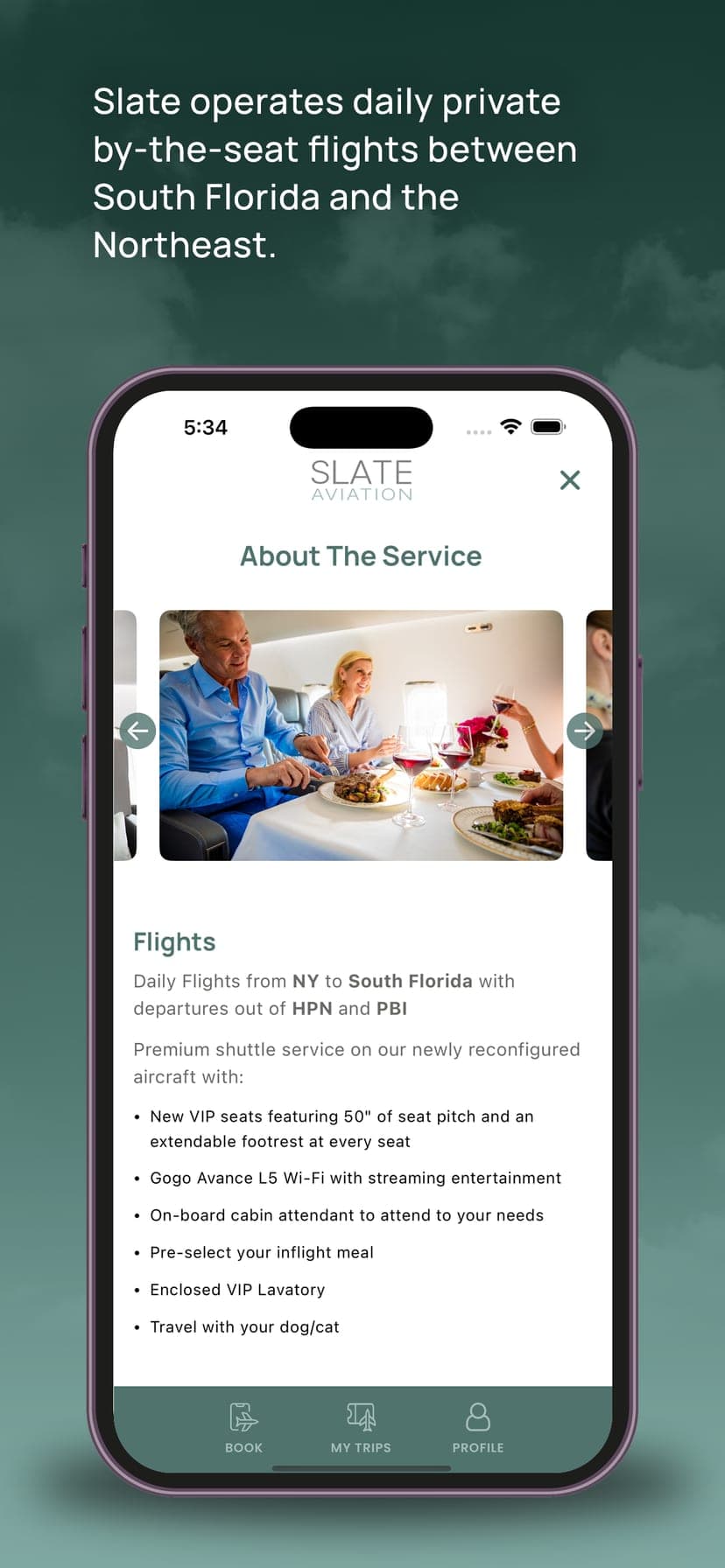 Slate Aviation iOS app About the Service screen describing daily private by-the-seat flights and cabin features.