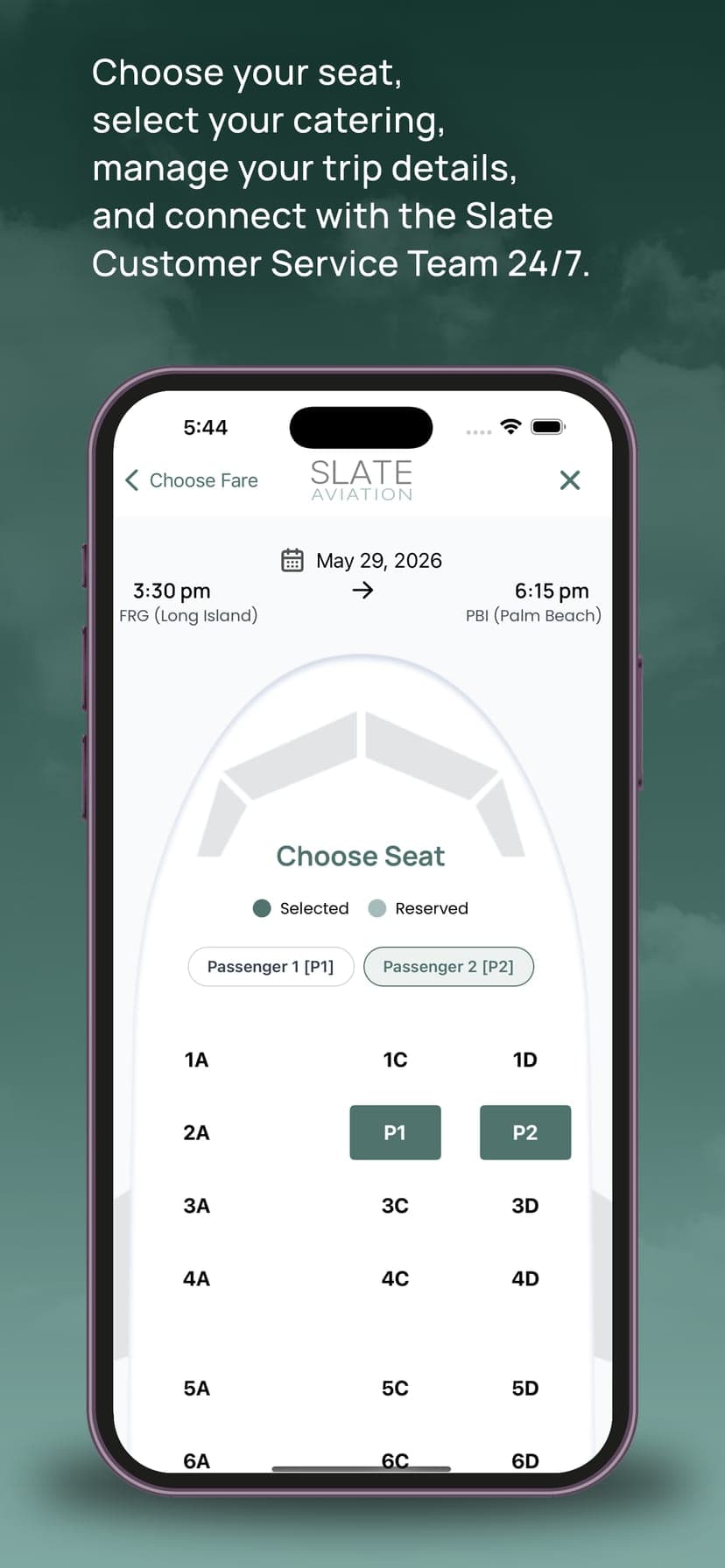 Slate Aviation iOS app seat map for a Long Island to Palm Beach flight, with two seats selected.
